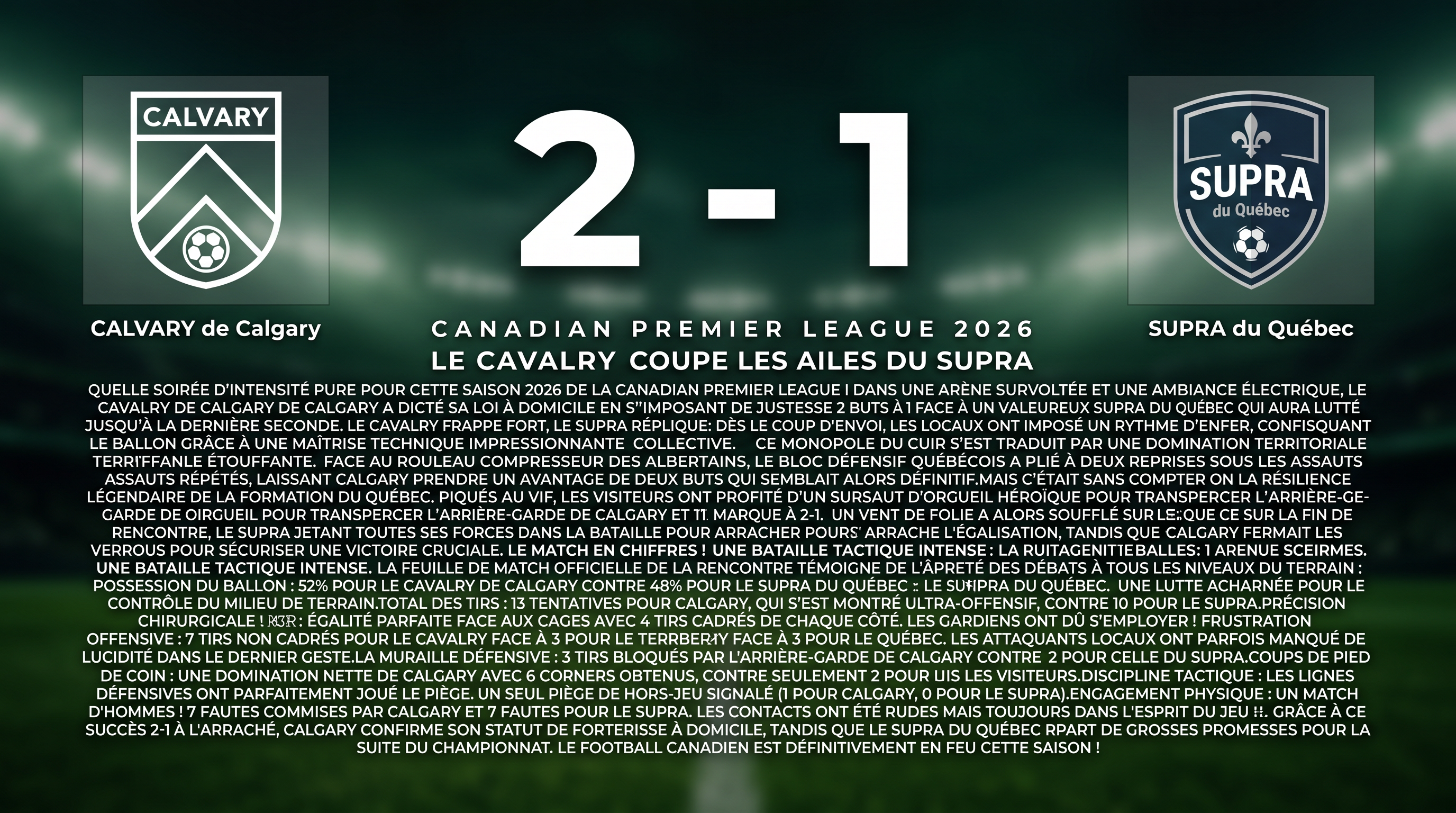 CALVARY de Calgary 2-1 SUPRA du Québec: Match Recap - Canadian Premier League 2026 LE CAVALRY COUPE LES AILES DU SUPRA AU TERME D’UN COMBAT ÉPIQUE ! Quelle soirée d’intensité pure pour cette saison 2026 de la Canadian Premier League ! Dans une arène survoltée et une ambiance électrique, le Cavalry de Calgary a dicté sa loi à domicile en s’imposant de justesse 2 buts à 1 face à un valeureux Supra du Québec qui aura lutté jusqu’à la dernière seconde. Le Cavalry frappe fort, le Supra réplique: Dès le coup d’envoi, les locaux ont imposé un rythme d’enfer, confisquant le ballon grâce à une maîtrise technique impressionnante collective. Ce monopole du cuir s’est traduit par une domination territoriale étouffante. Face au rouleau compresseur des Albertains, le bloc défensif québécois a plié à deux reprises sous les assauts répétés, laissant Calgary prendre un avantage de deux buts qui semblait alors définitif.Mais c’était sans compter sur la résilience légendaire de la formation du Québec. Piqués au vif, les visiteurs ont profité d’un sursaut d’orgueil héroïque pour transpercer l’arrière-garde de Calgary et réduire la marque à 2-1. Un vent de folie a alors soufflé sur la fin de rencontre, le Supra jetant toutes ses forces dans la bataille pour arracher l’égalisation, tandis que Calgary fermait les verrous pour sécuriser une victoire cruciale. Le match en chiffres ! Une bataille tactique intense La feuille de match officielle de la rencontre témoigne de l’âpreté des débats à tous les niveaux du terrain : Possession du ballon : 52% pour le Cavalry de Calgary contre 48% pour le Supra du Québec. Une lutte acharnée pour le contrôle du milieu de terrain.Total des tirs : 13 tentatives pour Calgary, qui s’est montré ultra-offensif, contre 10 pour le Supra.Précision chirurgicale : Égalité parfaite face aux cages avec 4 tirs cadrés de chaque côté. Les gardiens ont dû s’employer !Frustration offensive : 7 tirs non cadrés pour le Cavalry face à 3 pour le Québec. Les attaquants locaux ont parfois manqué de lucidité dans le dernier geste.La muraille défensive : 3 tirs bloqués par l’arrière-garde de Calgary contre 2 pour celle du Supra.Coups de pied de coin : Une domination nette de Calgary avec 6 corners obtenus, contre seulement 2 pour les visiteurs.Discipline tactique : Les lignes défensives ont parfaitement joué le piège. Un seul piège de hors-jeu signalé (1 pour Calgary, 0 pour le Supra).Engagement physique : Un match d’hommes ! 7 fautes commises par Calgary et 7 fautes pour le Supra. Les contacts ont été rudes mais toujours dans l’esprit du jeu. Grâce à ce succès 2-1 à l’arraché, Calgary confirme son statut de forteresse à domicile, tandis que le Supra du Québec repart avec de grosses promesses pour la suite du championnat. Le football canadien est définitivement en feu cette saison !